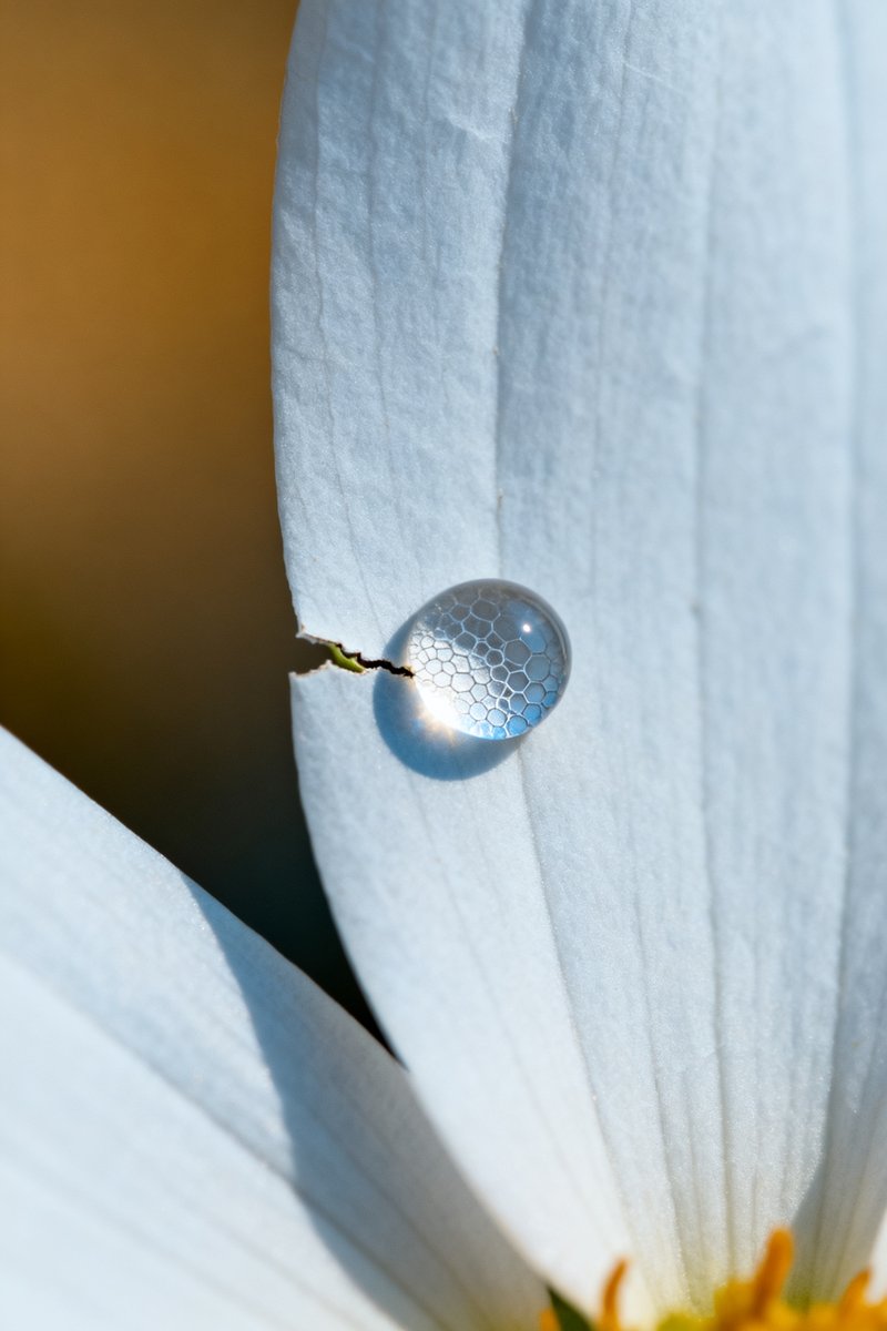 裂け目から自らを修復する花びら——朝露のレンズを通して見える、原生修復の静かな過程